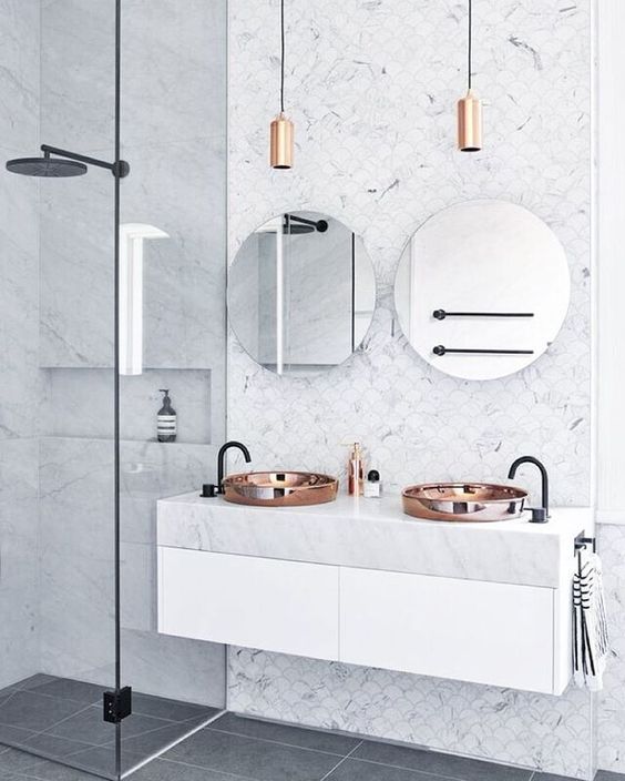 cool Scandinavian Colour + Design on Instagram: “// THOSE Carrara Marble Fish Scale Mosaics + that oversized BLACK shower head ;) Styled by @Marsha Golemac for @studio103ptyltd. Photo by…”