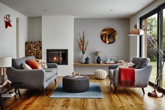 copper living room, mid century modern idea