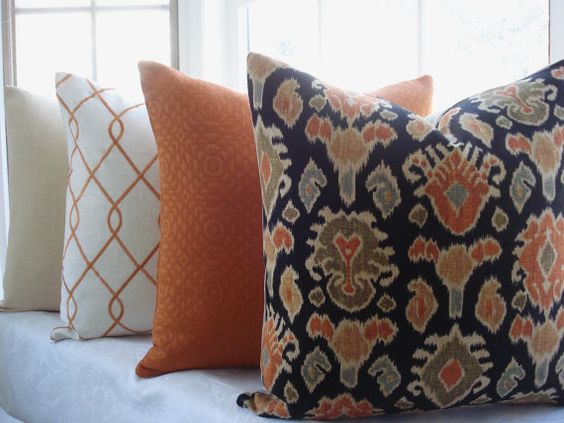 Decorative Designer Pillow Cover - IKAT- Designer Fabric -Throw Pillow-20x20--Linen -Blue-Orange-Green-Gold- Black - Cream via Etsy