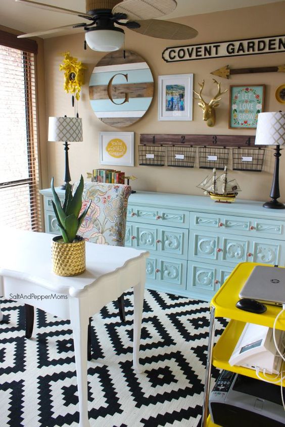 Home Office Makeover: Decorating inspiration with yellow and blue, gold accents, and black and white aztec print rug