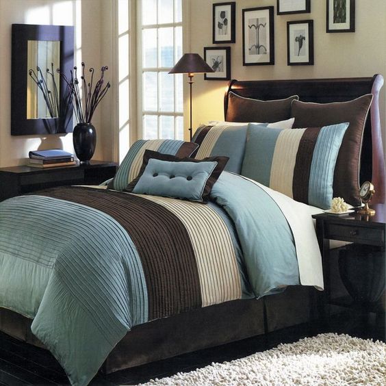 Modern Color Block Aqua Blue Brown Comforter and Shams Set with Decorative Pillows.  Perfect bedding set for your contemporary modern bedroom decor.
