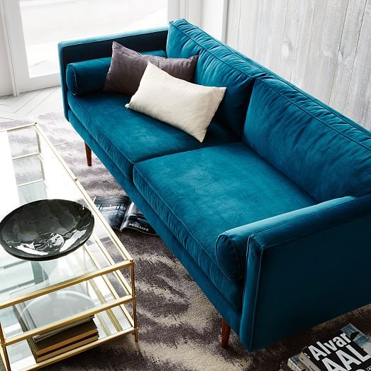 Monroe Mid-Century Sofa, Luster Velvet, Celestial Blue