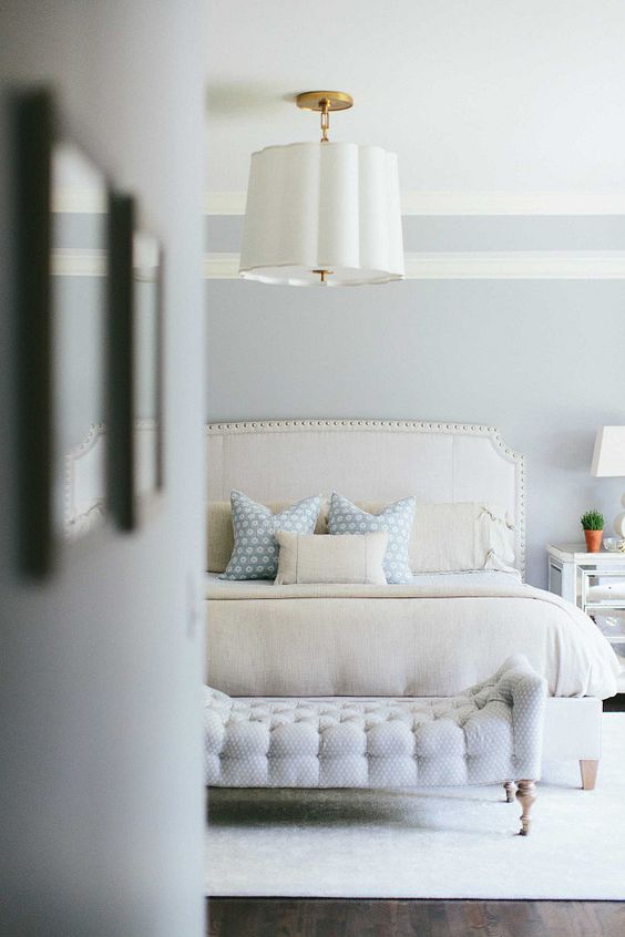 soft gray blue bedroom, upholstered bed, neutrals