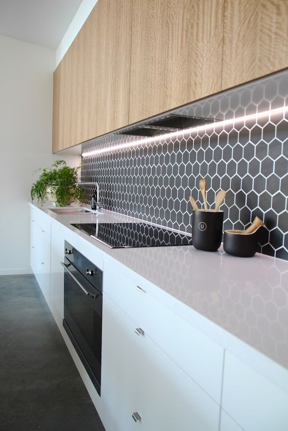 Split - Kitchen Detail White and timber, black hexagon feature tiles with recessed lighting Niche Design & Build