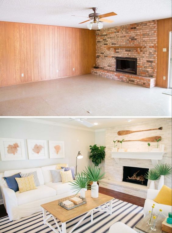 The interior of this house was covered up with dated paneling, green carpet and 70’s style fixtures. The fireplace was the major focal point of the Ermoian’s living room, making it one of the most important areas for us to bring back to life. We centered the fireplace and resurfaced the dated brick with updated stone, and gave the whole area a facelift with fresh drywall, paint and flooring. The biggest thing that makes a house feel coastal are the decorative accents. I had fun searching 