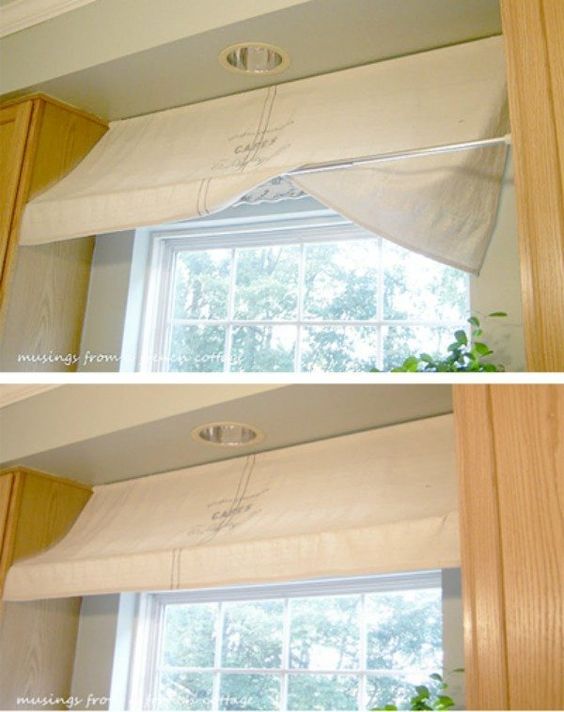 To get that French country feel in your kitchen, tension rods can help you create a lovely awning for your window on a dime.