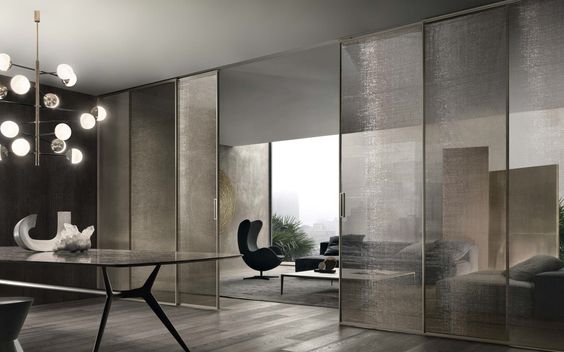 Velaria sliding door from Pure Interiors by Rimadesio | Available in aluminium, timber or matt lacquered frame and lacquered, matt and textured glass panels.