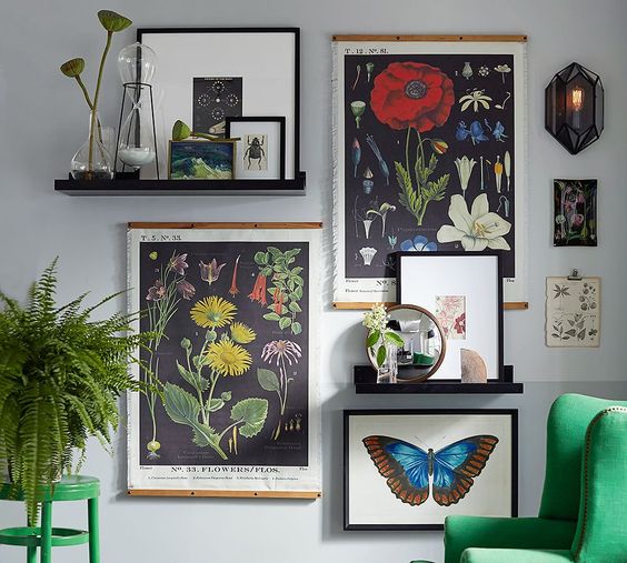 Vintage-inspired botanical prints bring a sense of history and a pop of color to this gallery wall.