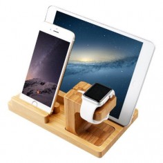 [3 in 1] Apple Watch Stand & iPhone Stand & iPad Stand, [Charging Dock] Smooth Natural Bamboo Body Desk Charging Station, Apple Watch Charging Stand Cradle Holder for Apple iWatch 38mm/42mm, Comfortable Viewing Angle for iPhone 5s, 6, 6 Plus, iPad Air, iPad Air 2, iPad mini (MM607)