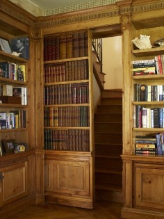 A hidden staircase behind a secret door: every home library should have one of these! I would do it with real books on the door, though.