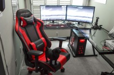 Amazing Battle station Gaming Computer Desk setup Black Glass L Shaped Desk dual Monitors with red Gaming Chair