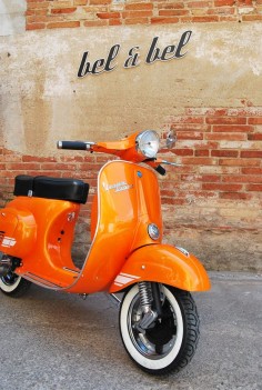 An orange Vespa! Love! I also adore the font of the"bel & bel" . Wonder if that would work better as a mixed font for the site?