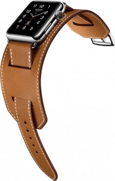 Apple Watch Hermes Cuff Inspired by equestrian fittings, the finely worked cuff in Hermès' signature leather is adapted to allow the heart rate sensor to stay in contact with the wrist. Available in 42mm stainless steel case with an Hermès leather band in fauve