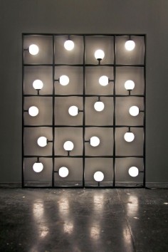ATELIER ARETI, SQUARES: 20 squares and spherical bulbs lit by LEDs. this is such a cool sculptural object/lighting piece. This would be perfect for a photo booth backdrop if the lights were smaller and there were more of them.