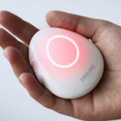 Aura is a stress-relieving tool for desk workers. It constantly monitors the user for signs of stress. When stress is detected, AURA indicates that it wants to be picked up. It then guides the user through deep-breathing exercises. Design Team: Umea Institute of Design and Philip Nordmand Andersen