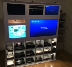 Awesome custom video game shelves via Racketboy user wheeezy. Gaming unit with consoles, HDTV and CRT TV for retro games. Stylish game room.
