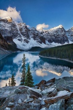 Banff National Park, Canada. Mountain, water, reflection, sparkle, snow, trees, blue sky, clouds, beautiful, breathtaking, Mother Nature, panorama, photo.