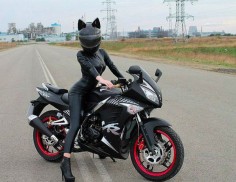 Black Leather biker with cat ear helmet