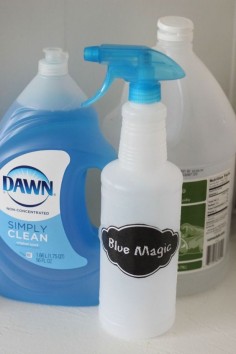 Blue Magic Easy DIY Tub and Tile Cleaner.  Works best at removing soap scum from glass showers.