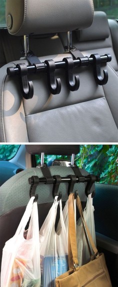 Car headrest multi hanger // brilliant idea, holds grocery bags, handbag, dry cleaning and more! #product_design #organization