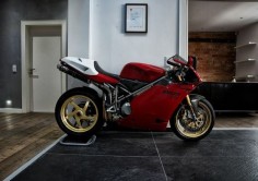 Classic 998 faired bike with Ducati picked out in carbon. Front and rear number boards with gold piping and black belly pan.