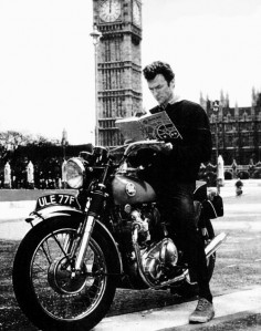 Clint Eastwood touring London on his motorcycle during the making of Where Eagles Dare, 1968.