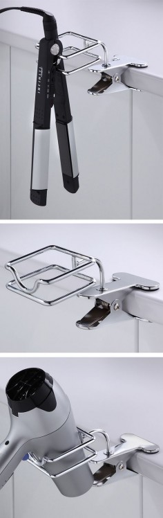 Clip on blow dryer & flat iron / hair straightener holder // genius! I need this product in my bathroom!