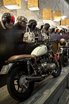 combustible-contraptions:  Another View …. Apartment, Lounge, Shop? | An Enthusiast’s Haven Helmet, Bubble Visor, Riding Boots and a BMW Brat | Cafe Racer | Cafe Gear | Moto Guzzi Cafe Racer