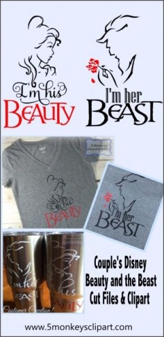 Couple's Beauty and the beast svg files for Silhouette Cameo, Cricut Explore and other personal cutting machines!---------------------------------------- Couples disney shirts, couple disney, disney svg files, beauty and the beast svg. Disney vacation shirts, just married disney from 5 monkeys clipart