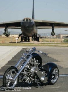 Custom motorcycle built around an airplane engine, cool bike, would like to find out how it rides.