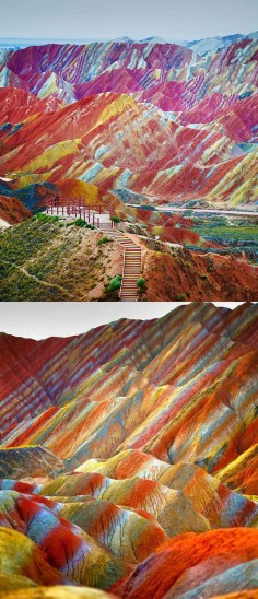 Danxia Landform Geological Park in Gansu, China. The rainbow mountains became a UNESCO World Heritage Site in 2010. The colors are the result of mineral deposits and red sandstone from over 24 million years ago.