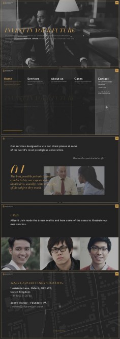 Dark-schemed parallax scrolling One Pager for 'Allen & Jain' - a niche consultancy that assists in getting into the world's top universities. The navigation text is a touch small but the load transition is just lovely.
