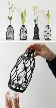 Designer Libero Rutilo of DesignLibero, has created a unique way to give life back to used plastic water bottles. His idea was to create a 3D printed sculptural vase exterior, that can be placed over the top of a water bottle, and can be screwed on like a cap.