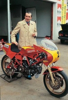 Ducati chief designer and technical director, Fabio Taglioni behind a 1982 Ducati 600 Pantah TT racer