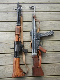 Fallschirmjägergewehr 42 and a Sturmgewehr 44 WWII German assault rifles. The 42 is actually a full power battle rifle like the M1 except it has a full auto mode.