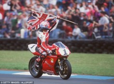 Foggy waves the Union Flag after winning the WSB Championship at Donnington Park on his Ducati