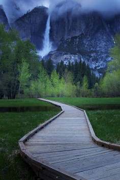 Follow the wooden plank road to waterfalls in Yosemite National Park.