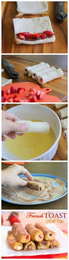 French toast roll ups with recipe. Strawberries and Nutella, but the fillings could easily be changed. Great for Valentine's Day breakfast!