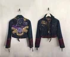Harley Davidson Jacket customized Vintage Denim Biker Jacket purple leather skull buckle sex drugs rock and roll cropped patch jacket xs