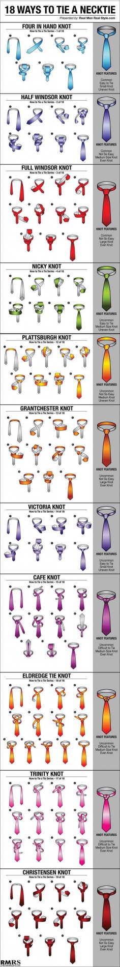 Here is a handy infographic that shows 18 ways to tie a necktie.