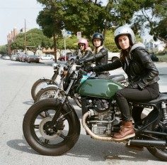 Lady Riders, new-wave cafe, Moto Guzzi, Honda, Triumph or BSA British Motorcycle, Open Face Helmets