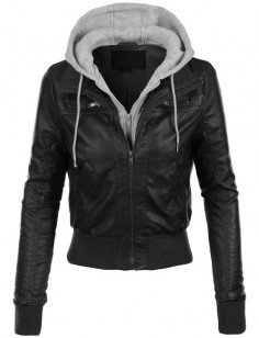 LE3NO Womens Casual Motorcycle Fleece Hoodie Faux Leather Jacket