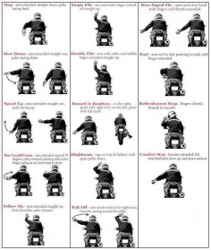 Learn Your Signals & Use Them! Mainly used when riding with a group of fellow bikers,The slowdown signal to be used when an oncomming rider is going to aproach danger or a "Speed Trap" ;)