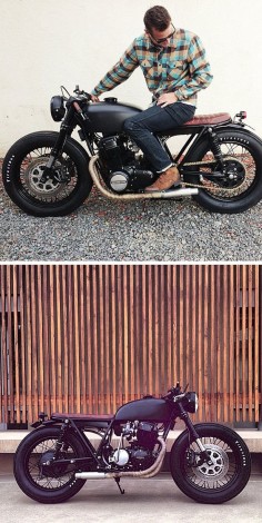 Matte black Honda CB750 cafe. Love the matching seat and grips, and great-looking Firestone Deluxe Champions. They're perfect for the bike,