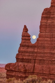Moonrise and formations in Cathedral Valley of Capitol Reef National Park, Utah