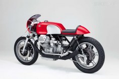 Moto Guzzi cafe racer. Dual plug heads on worked V11 motor in modified LeMans frame. Absolutely awesome guzzi.