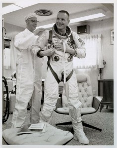 Neil Armstrong getting suited up for his Gemini 8 mission. This is where he learned orbital docking for the moon mission. March, 1966.