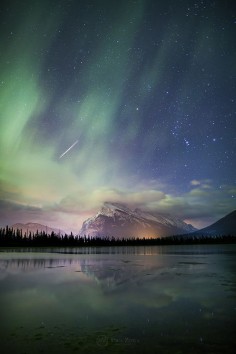 Night of the Taurids ~ A Taurid meteor rips through the atmosphere as the aurora rages on. A night of magic at Vermilion Lakes, Banff National Park.