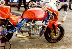 One-off frame Blomley Moto Guzzi BOTT race bike with Raceco US two-into-one exhaust very loud, I know as it was on my V7 Sport race bike for a while before being returned to current owner.