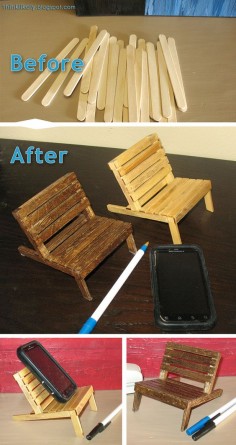 Pallet chair for your cell phone made from popsicle sticks.